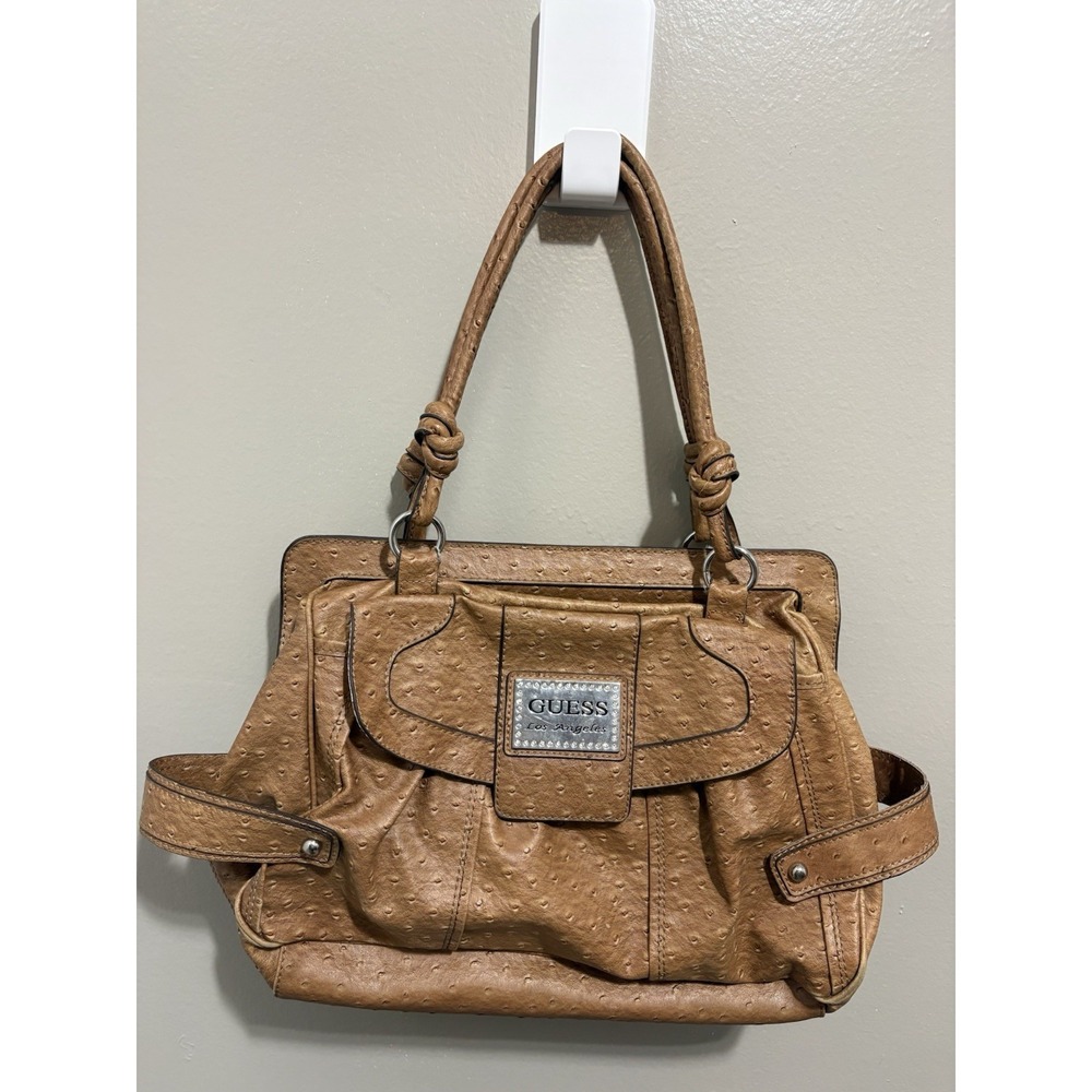 Vintage GUESS Y2K Ostrich Faux Leather Handbag – Tan/Camel - Large - READ Dscr